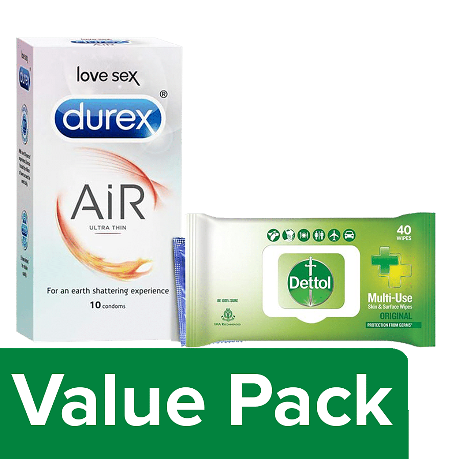 Buy bb Combo Durex Air Condoms 10pcs+Dettol Disinfectant Skin & Surface  Original Wipes 40pcs Online at Best Price of Rs 360.78 - bigbasket