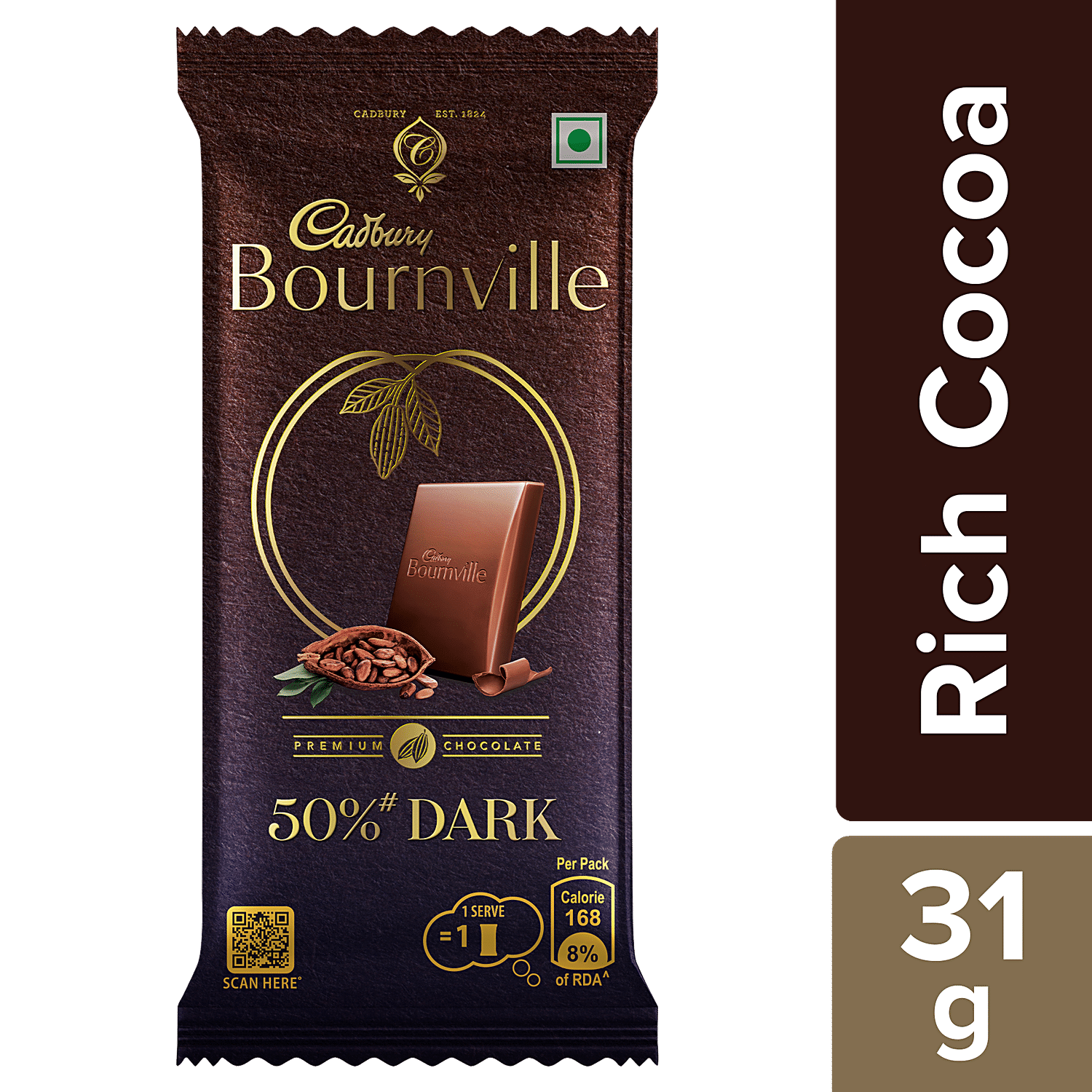 Cadbury Bournville Rich Cocoa Dark Chocolate Bar, 31 g