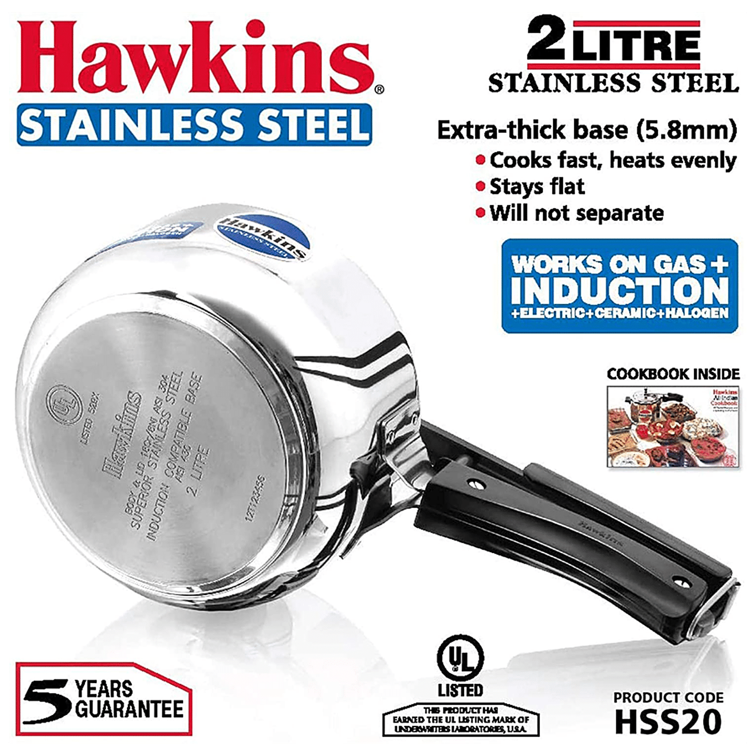 Hawkins SSC20 Stainless Steel Pressure Cooker, 2 Liter, Silver