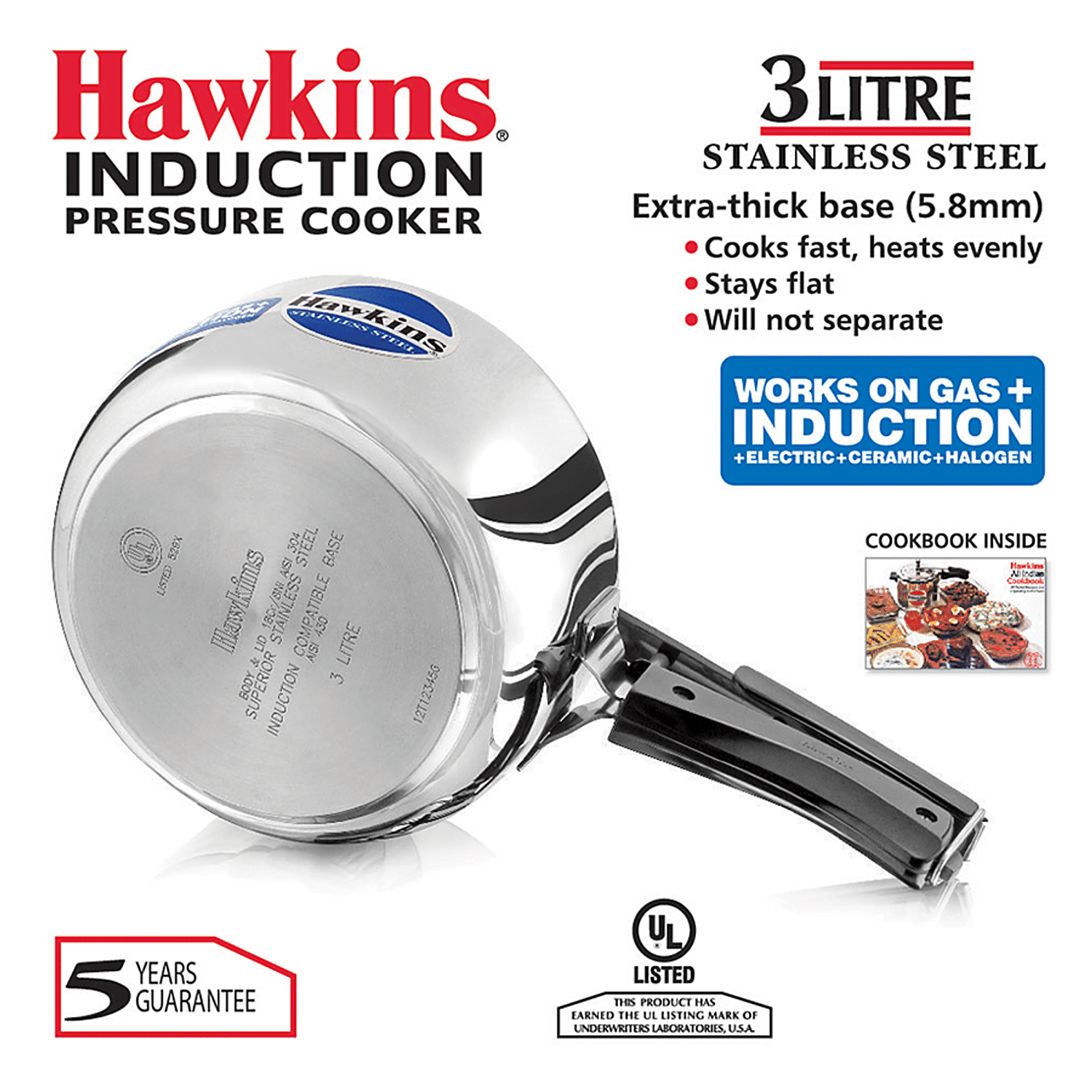 HAWKINS Hawkins Stainless Steel Induction Compatible Pressure Cooker,3  Litre,Silver (HSS3W) Wide,Medium