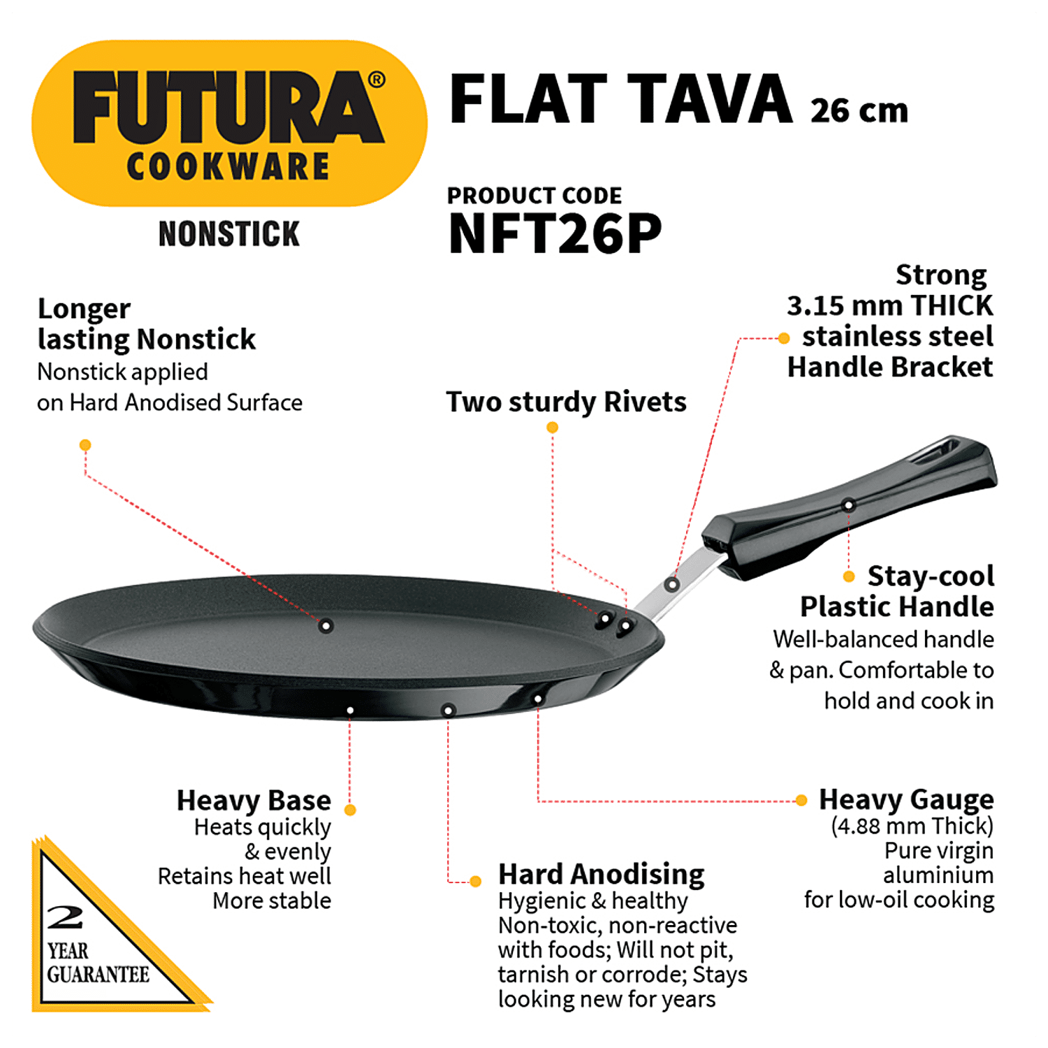 Hawkins Futura Hard Anodised Flat Tawa With Plastic Handle, 26cm, Thic