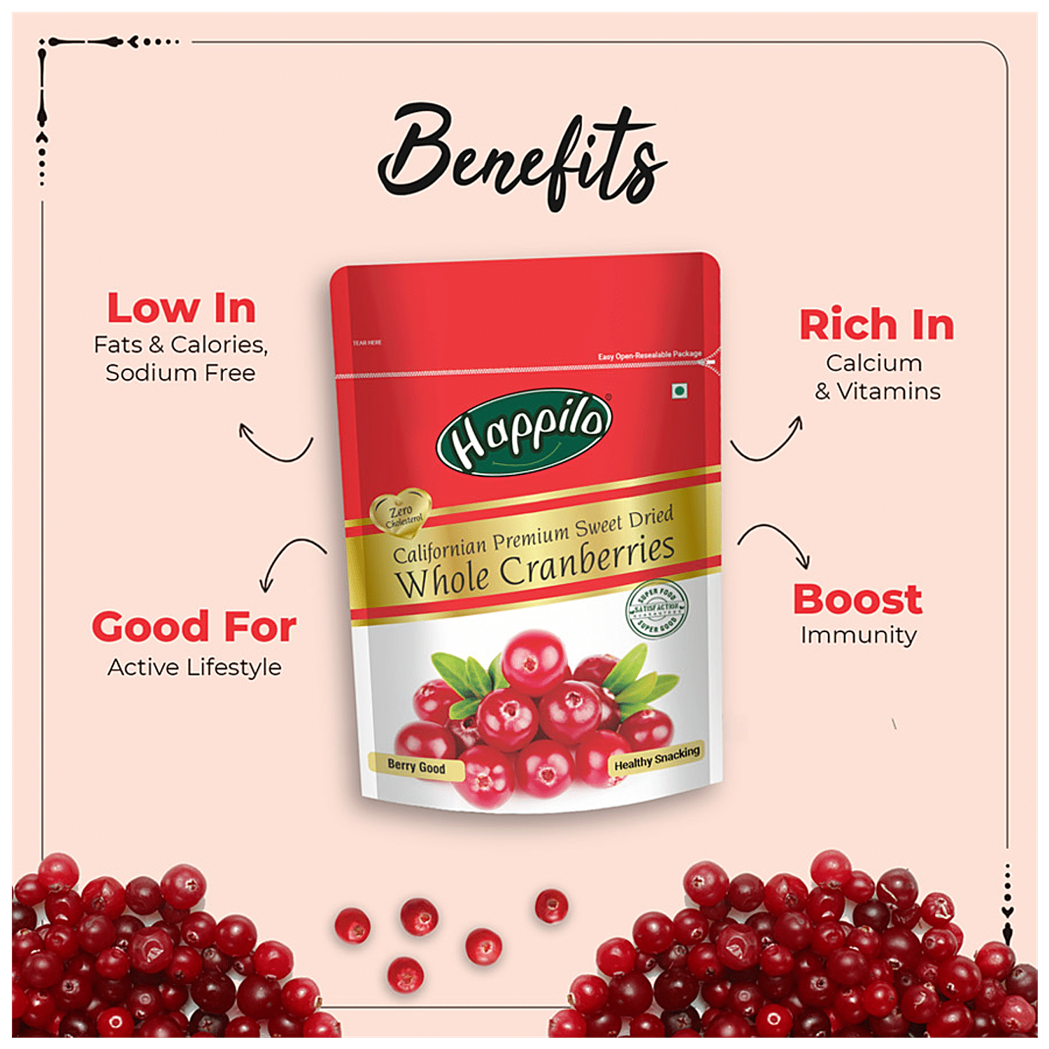 Buy Happilo Cranberries Whole Dried Sweet Premium Californian 200