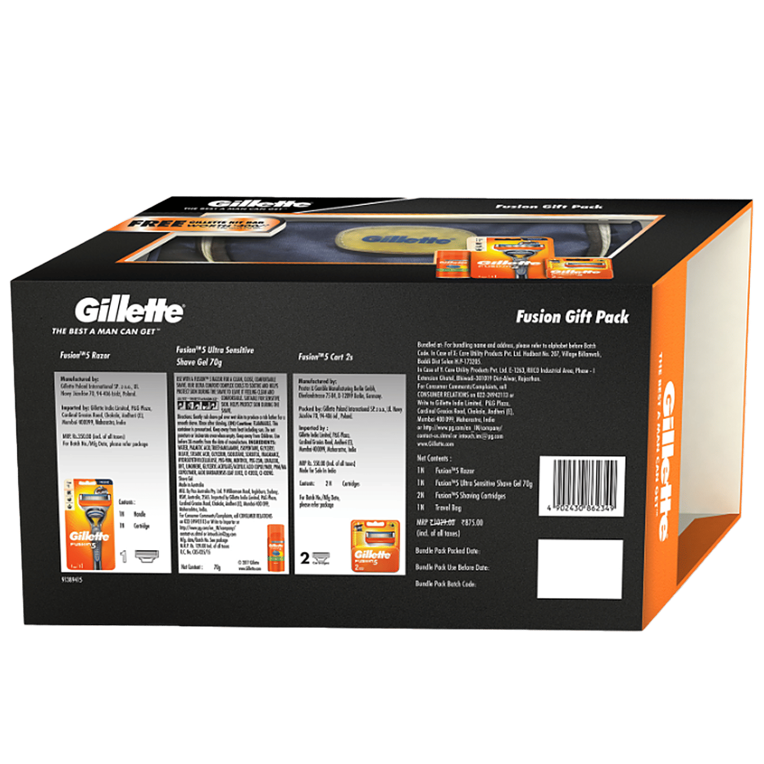 gillette fusion gift pack with free gillette kit bag