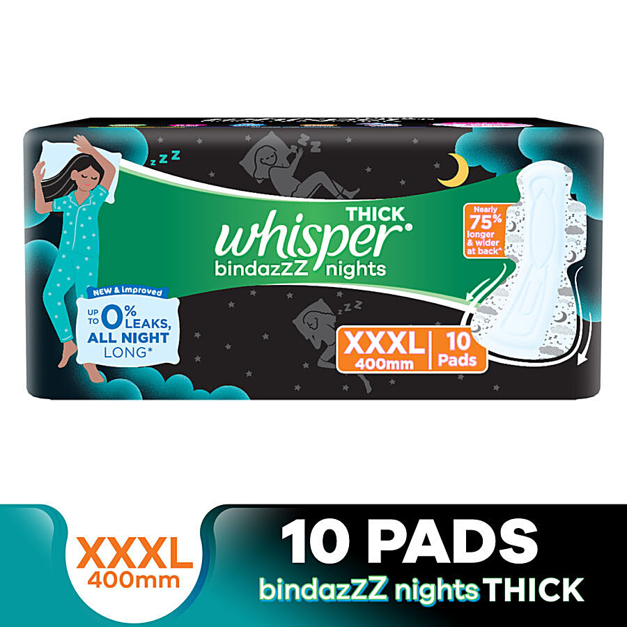 Whisper Bindazzz Nights Sanitary Pads - Wider Back, Up To 0% Leak, Provides  All Night Protection, XXXL, 10 pcs
