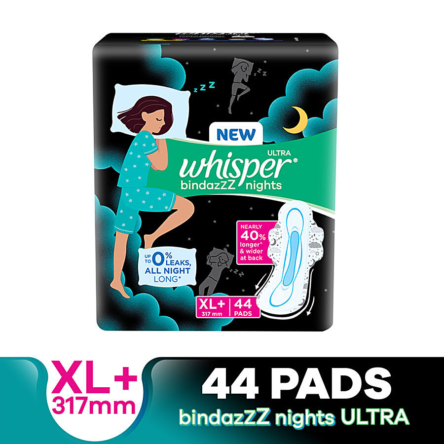 Buy Whisper Bindazzz Night Sanitary Pads, Pack of 15 thin Pads, XL+, upto 0%  Leaks, 40% Longer & Wider back, Dry top sheet, Long lasting coverage, Faster  absorption, 31.7 cm Long