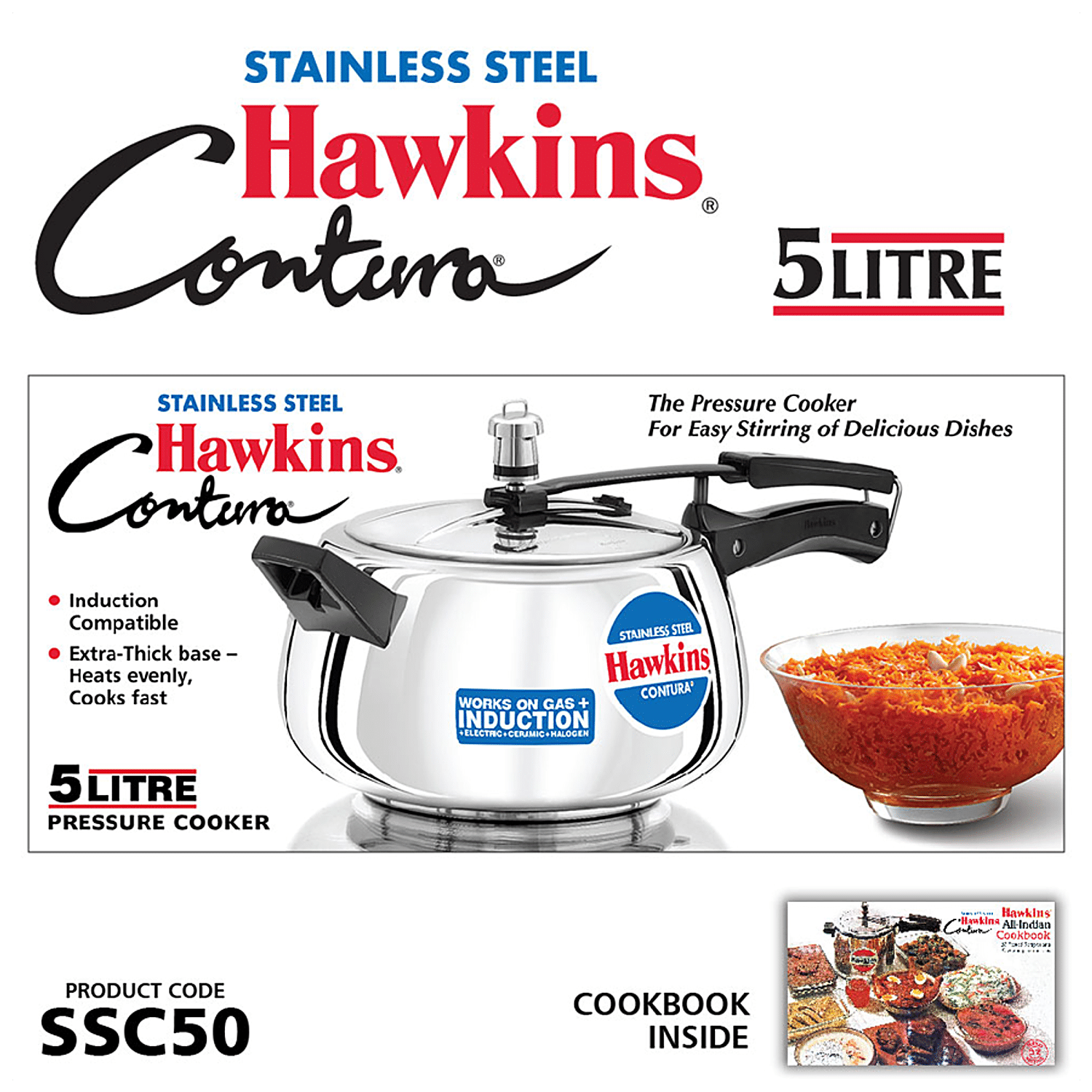 Hawkins Contura 5 Ltr Stainless Steel Pressure Cooker Induction Base SSC50