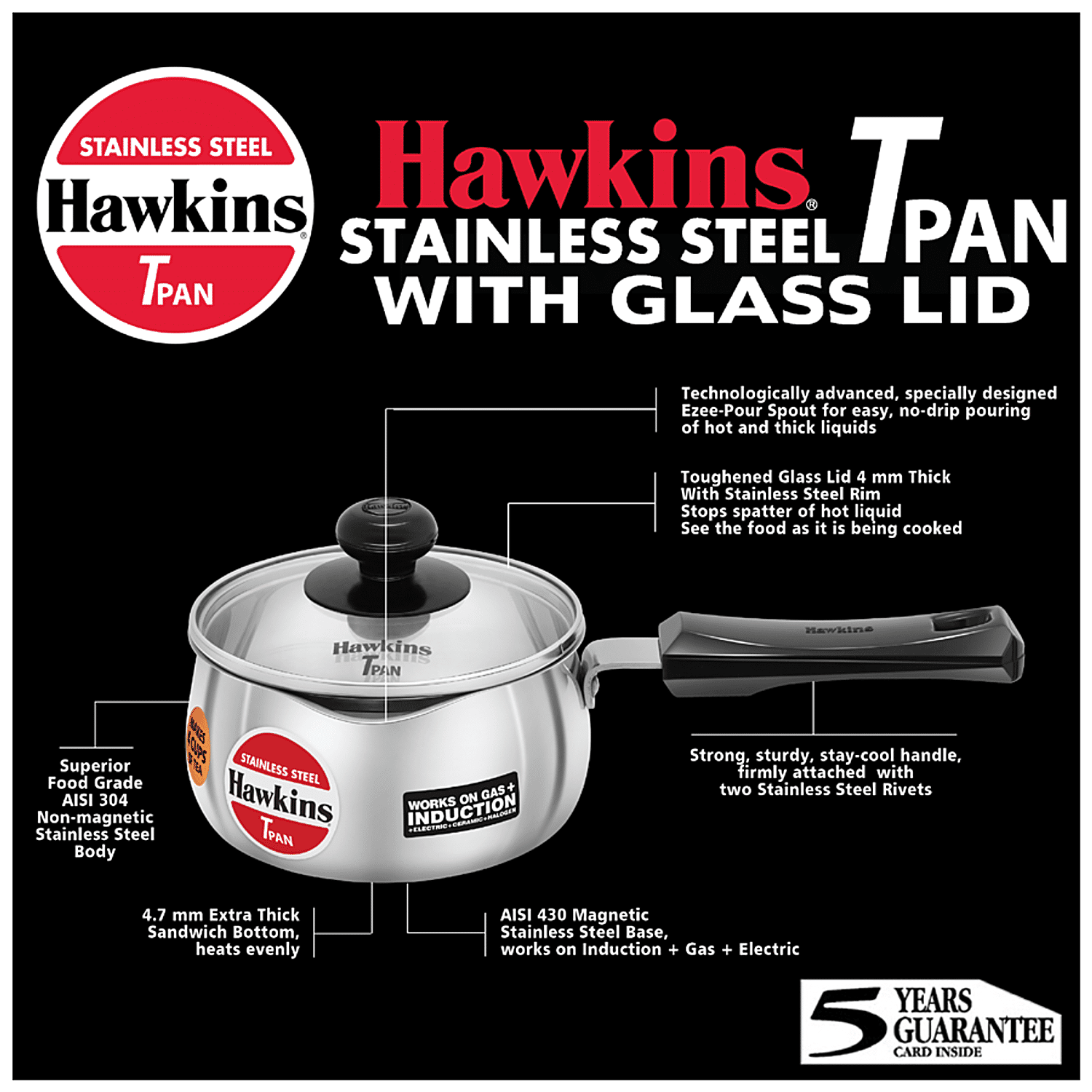 Hawkins 1 Litre Tpan, Stainless Steel Tea Pan, Induction Sauce Pan