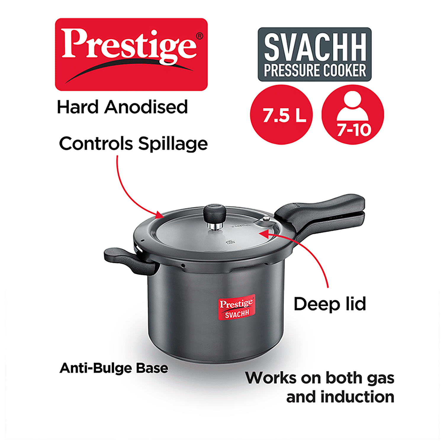 prestige svachh hard anodised pressure cooker 7.5 litre