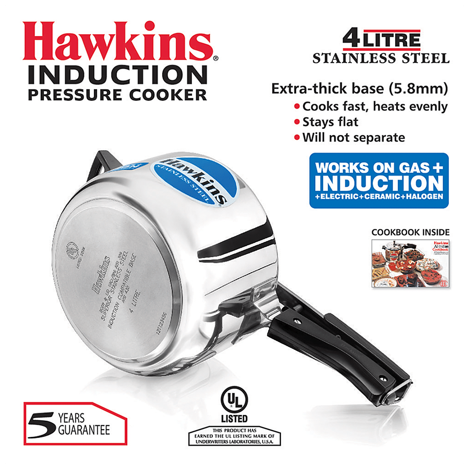 Hawkins Stainless Steel Induction Compatible Inner Lid Pressure Cooker, 4  Litre, Silver (Hss40), 4 Liter