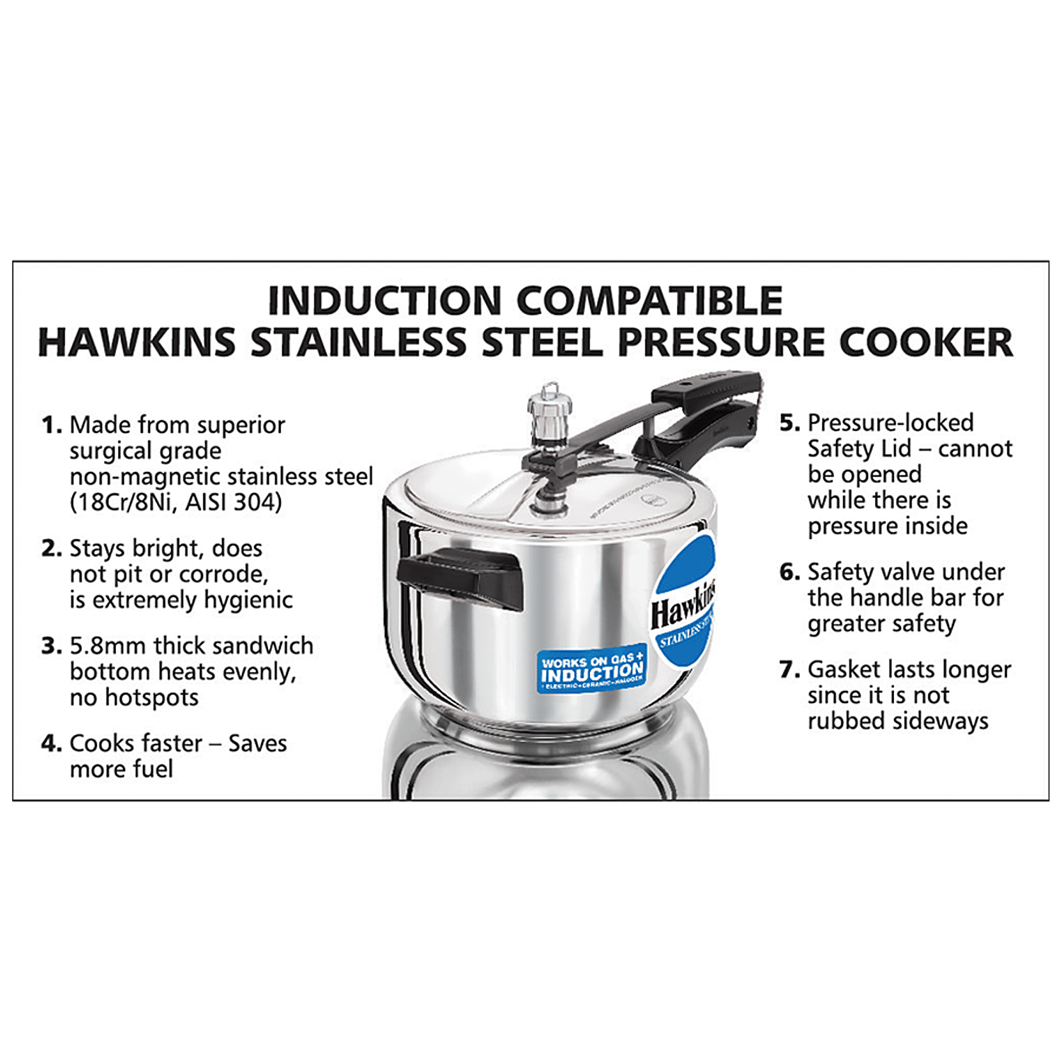 Hawkins Stainless Steel Induction Compatible Inner Lid Pressure Cooker, 4  Litre, Silver (Hss40), 4 Liter