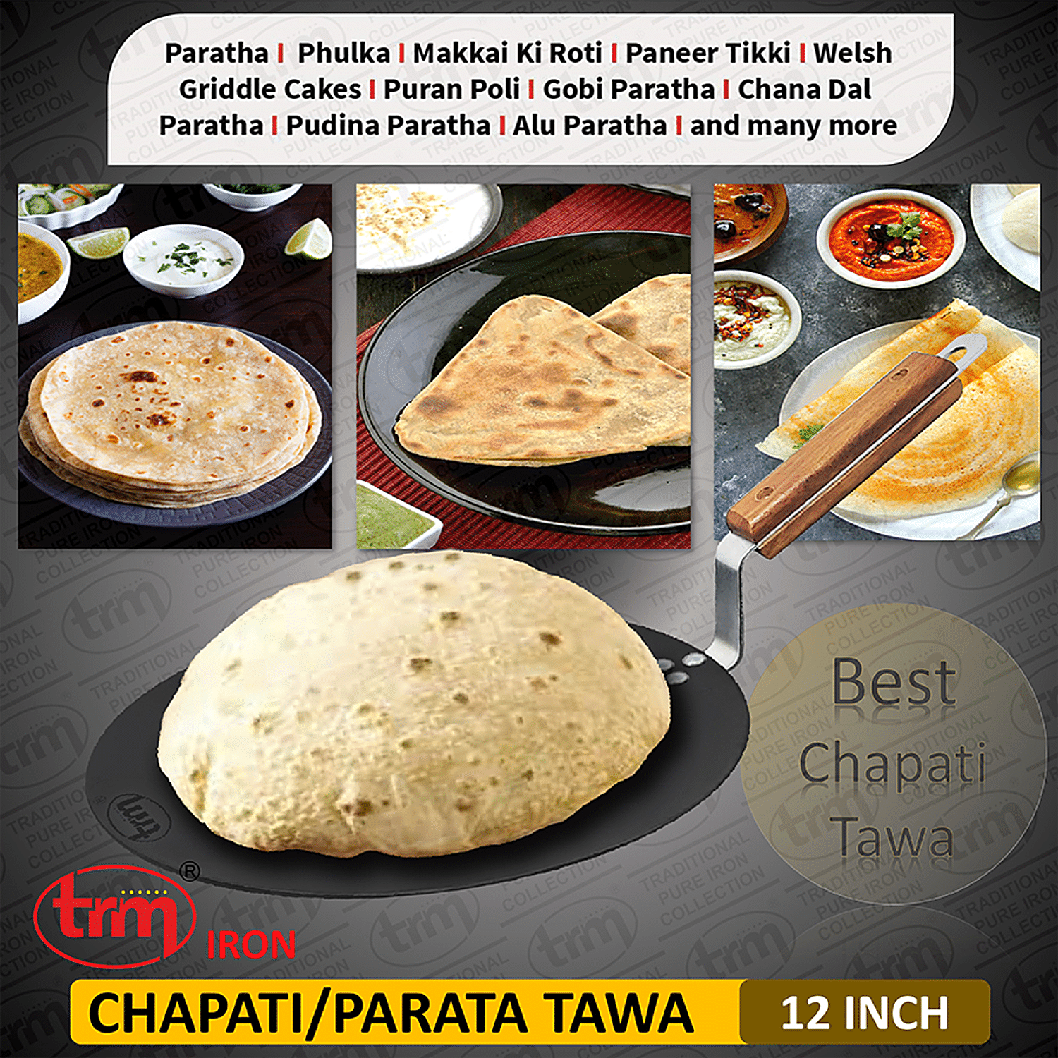 Radhna Traditional Indian Regular 12 Dia Iron Cooking Pan Roti Cooking  Tava Tawa Chapati Concave Design Easy To Cook Indian Style Cookware With