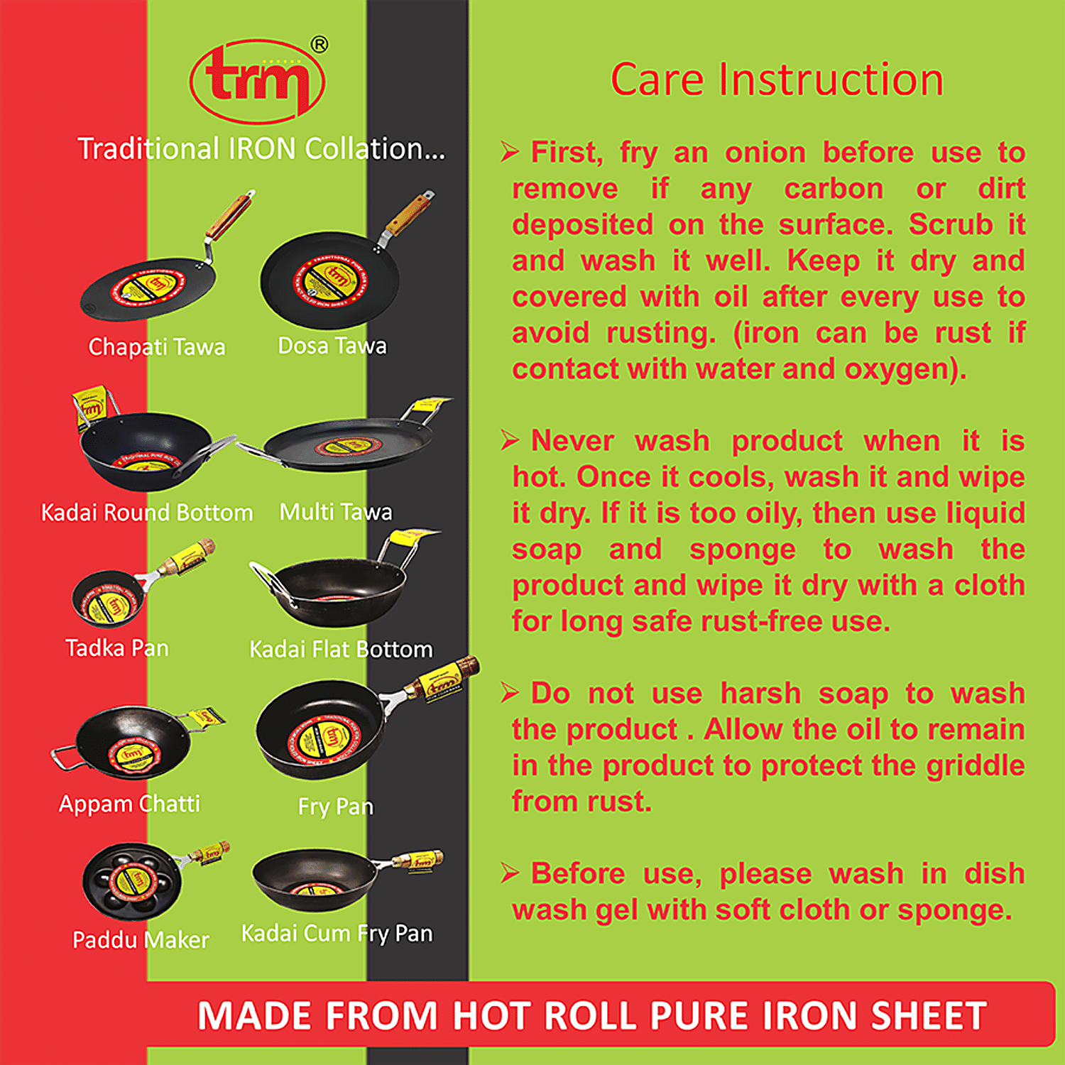 Buy Trm Pure Iron Kadai - Flat Bottom, 25 cm, with Handle Online