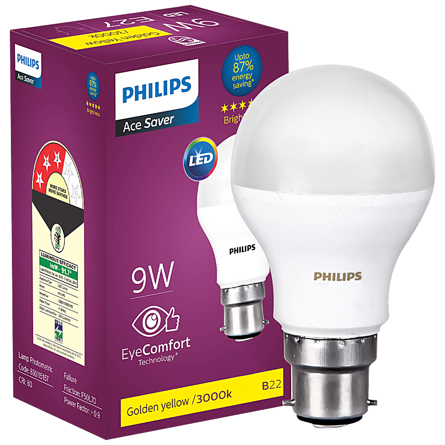 Bestrating oorlog Verlengen Buy Philips Ace Saver LED Bulb 9w B22 - Warm White/Golden Yellow Online at  Best Price of Rs 129 - bigbasket