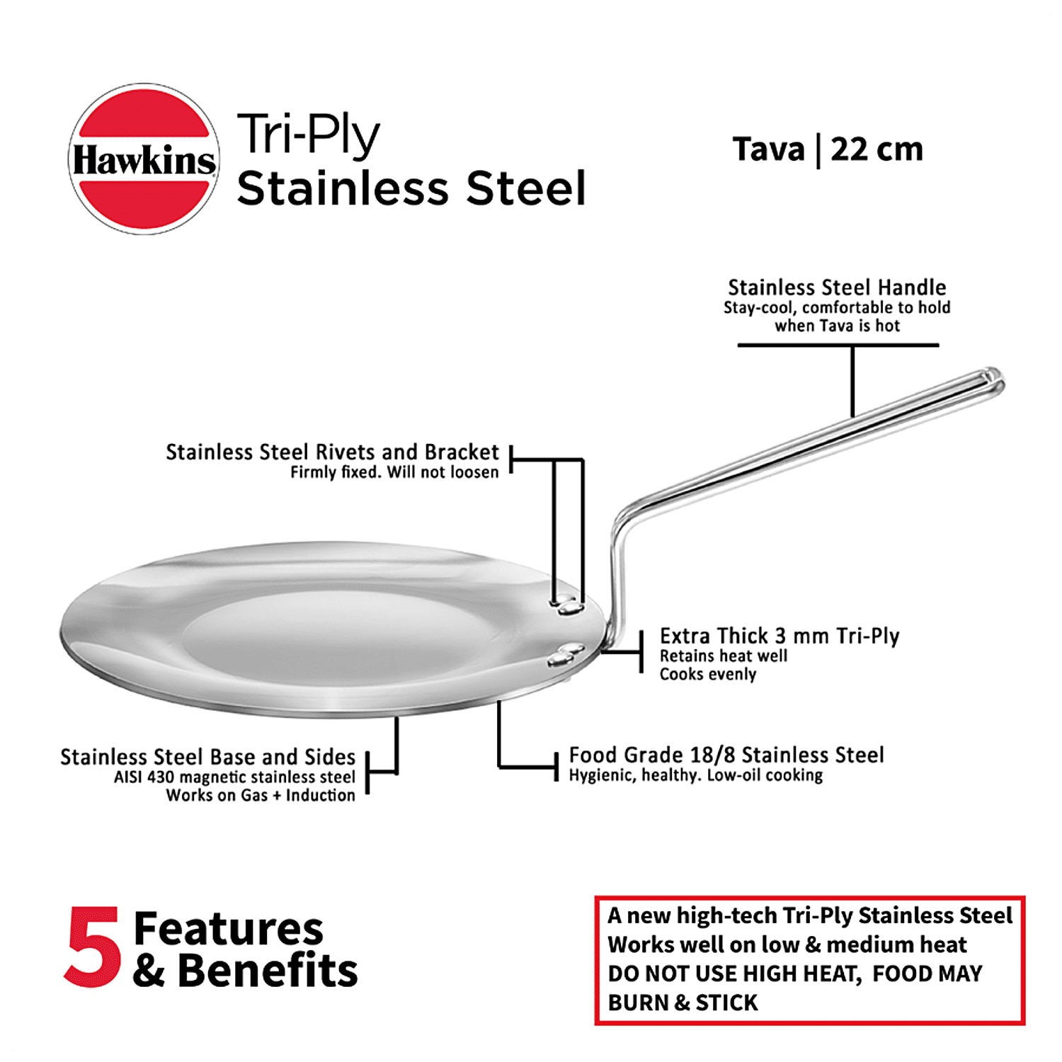 Hawkins 22 cm Tava, Triply Stainless Steel Tawa with Stainless Steel  Handle, Induction Tawa, Silver (SSTV22)