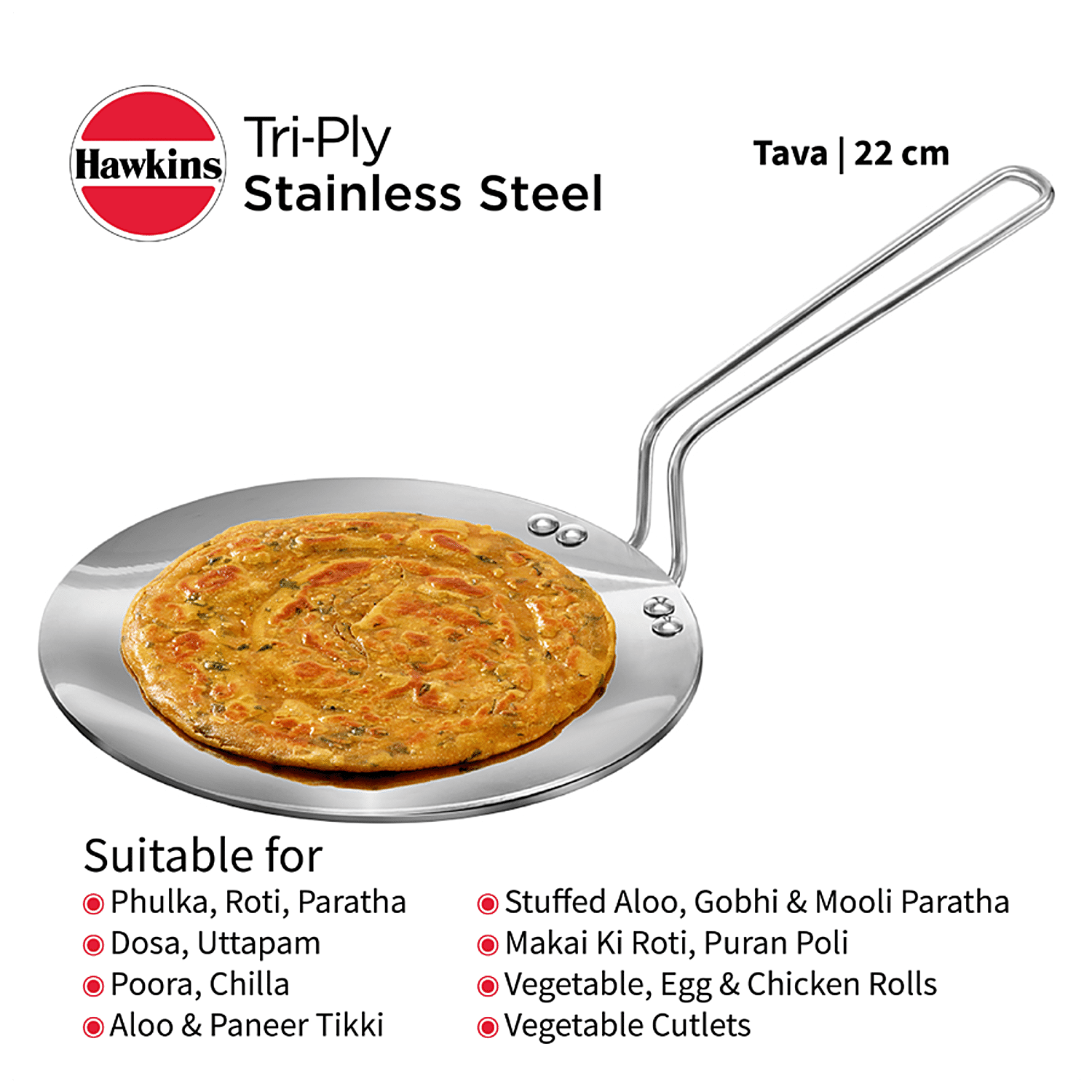 Hawkins 22 cm Tava, Triply Stainless Steel Tawa with Stainless Steel  Handle, Induction Tawa, Silver (SSTV22)