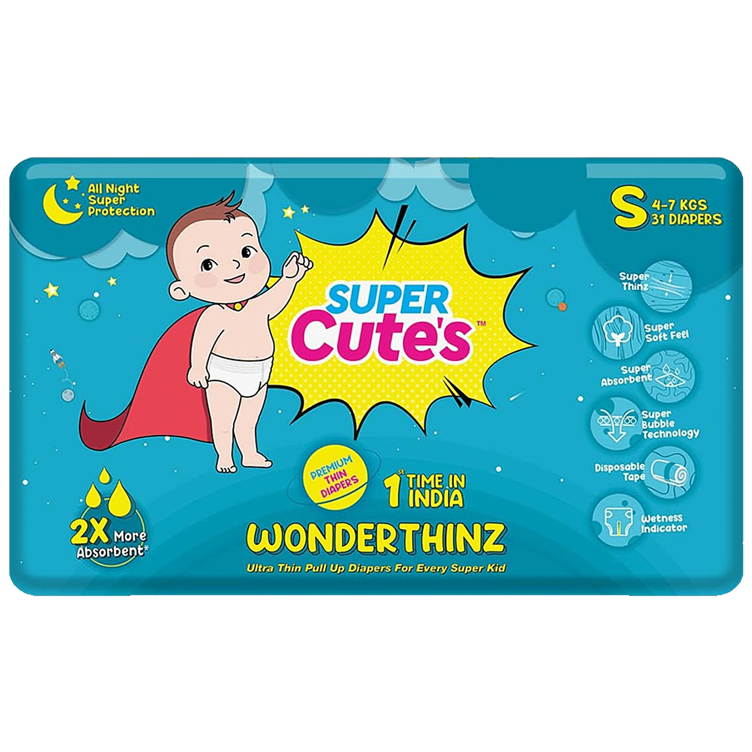 Super Cute's WonderThinz Ultra Thin Pull Up Diapers - Soft, Absorbent,  Wetness Indicator, S, 2x31 pcs