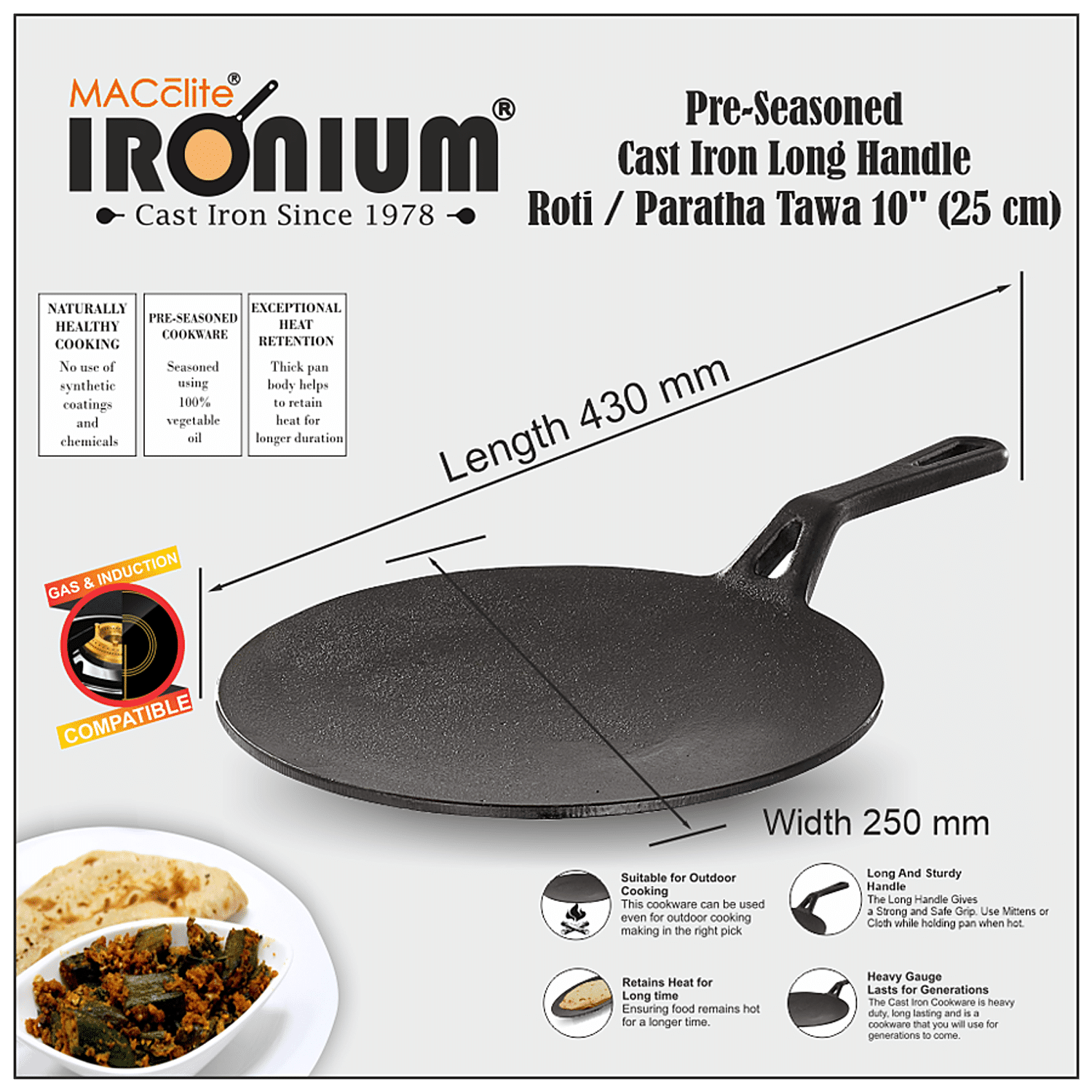 Brodees Iron Roti Tawa 25 Cm Diameter with Tough Handle Concave Tawa -  Chapati Tawa, Iron Roti Tawa, Gas Compatible Tawa (Black) - Brodees