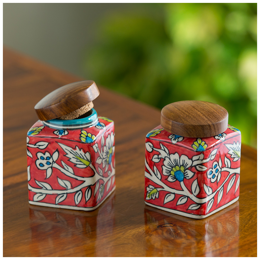 ExclusiveLane Handpainted Ceramic Pickle & Chutney Jars With Spoons (Set Of  2)