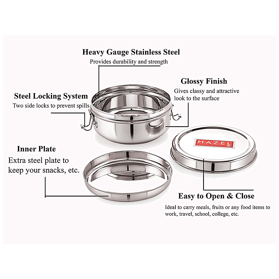 Hazel Steel Tiffin Box For Office, Stainless Steel Lunch Box, 500 Ml With  Inner Plate