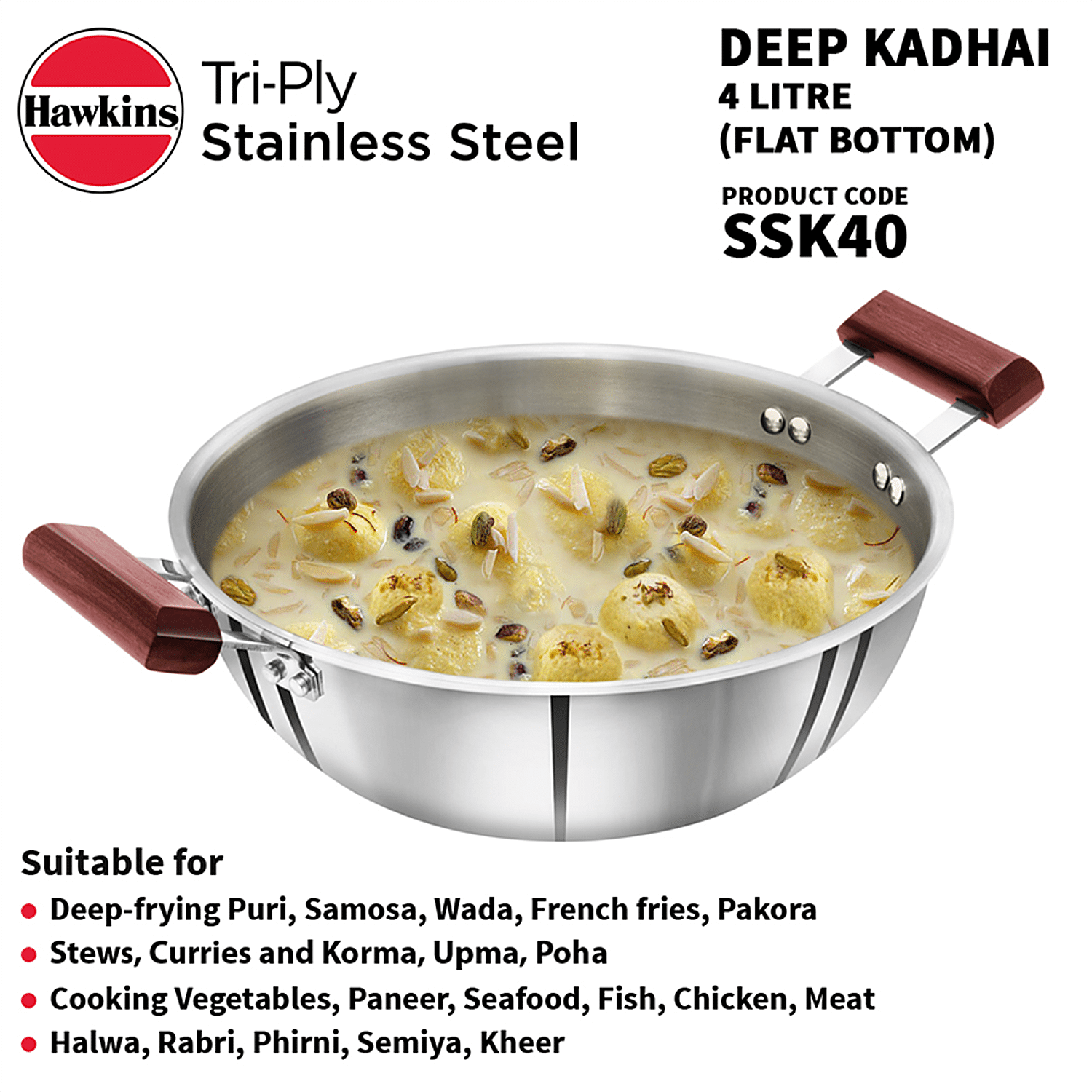 Hawkins Tri-Ply Stainless Steel Induction Compatible Deep Kadhai (Deep-Fry Pan) with Glass Lid, Capacity 4 Litre, Diameter 28 cm