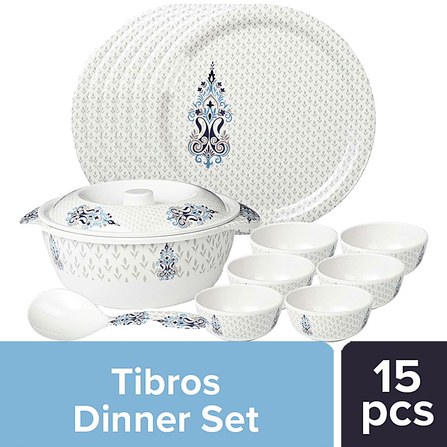 Tibros Dinner Set - Melamine, Blue Blossom, Aster Series, White, 15 pcs