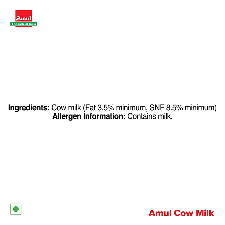 Amul Cow Milk - Homogenised, 3.5% Fat, No Preservatives, 1 L