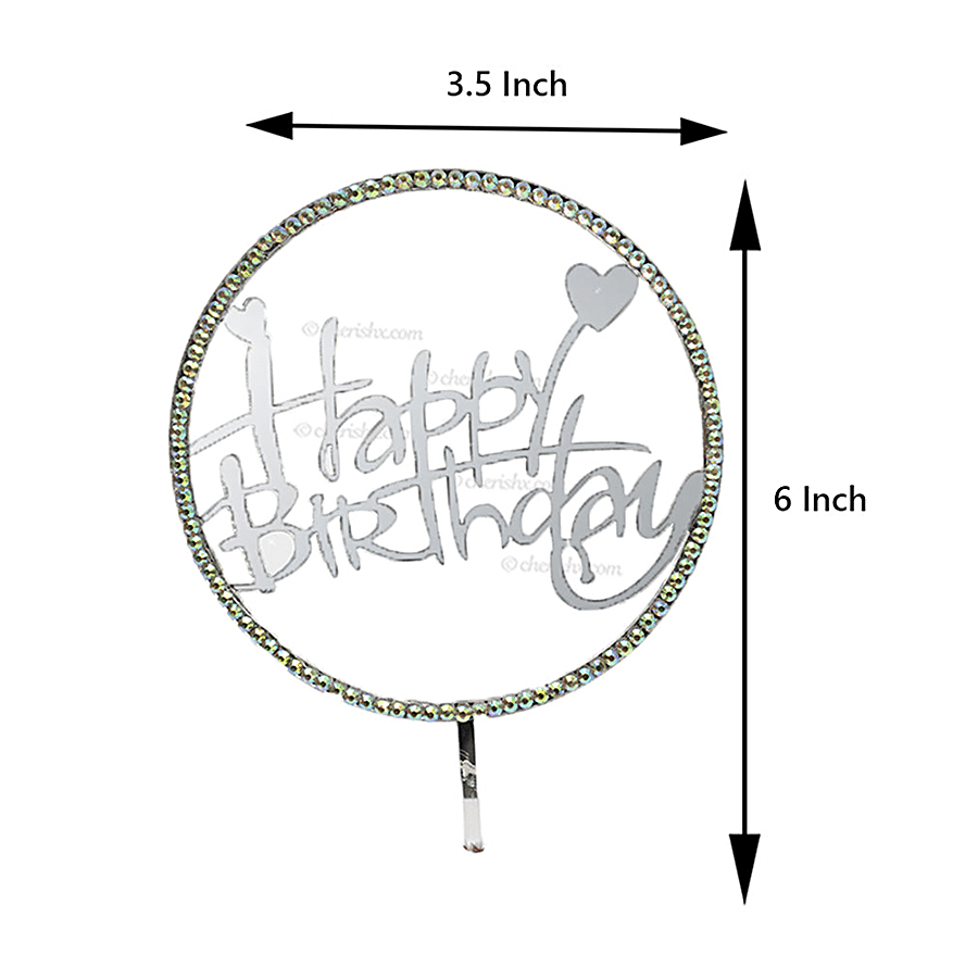 CherishX Round Cursive Happy Birthday Cake Topper - For Decorations,  Silver, 1 pc