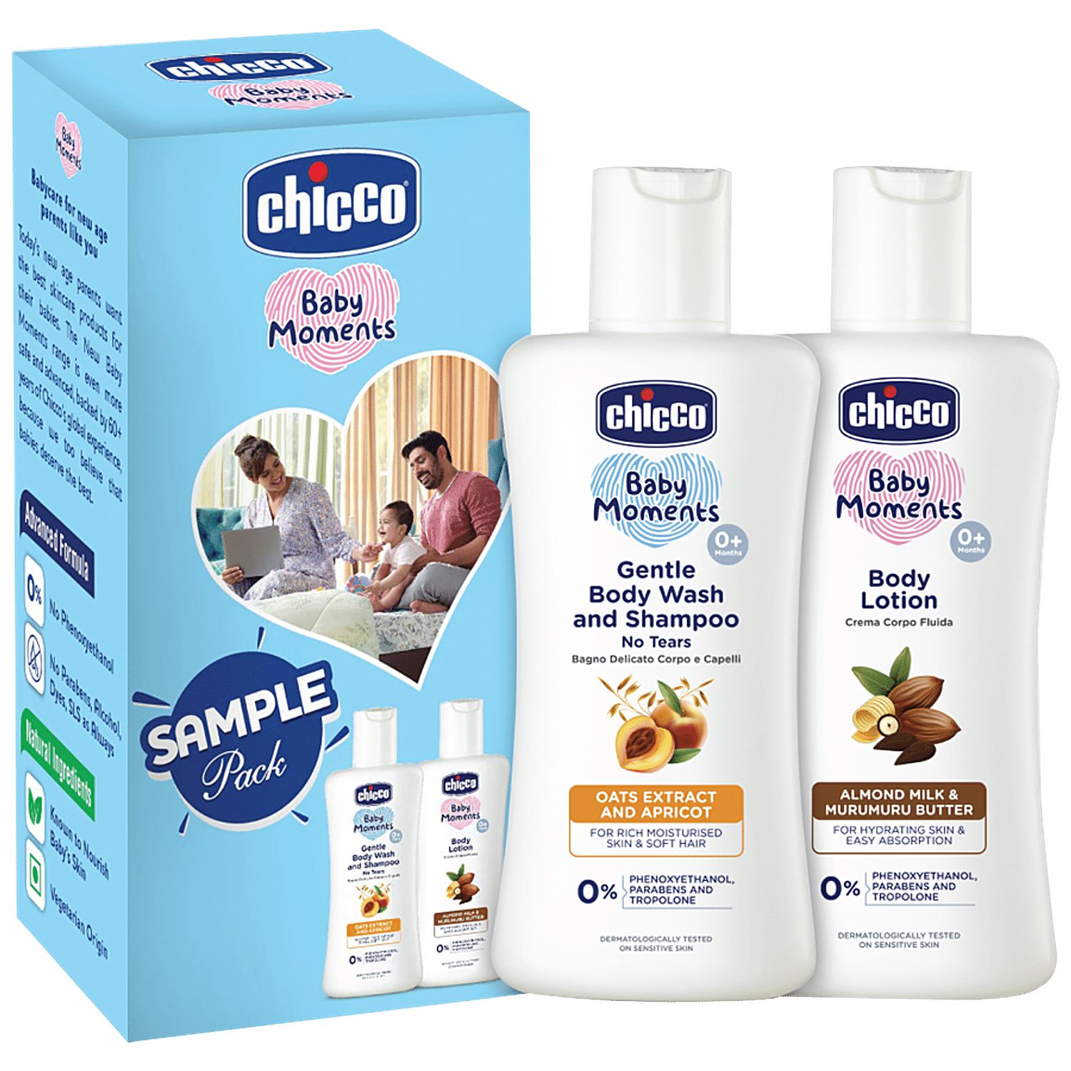 Chicco Baby Moments - Gentle Body Wash & Shampoo + Body Lotion, Non Sticky,  Nourishing Formula, 2 pcs (50 ml each)