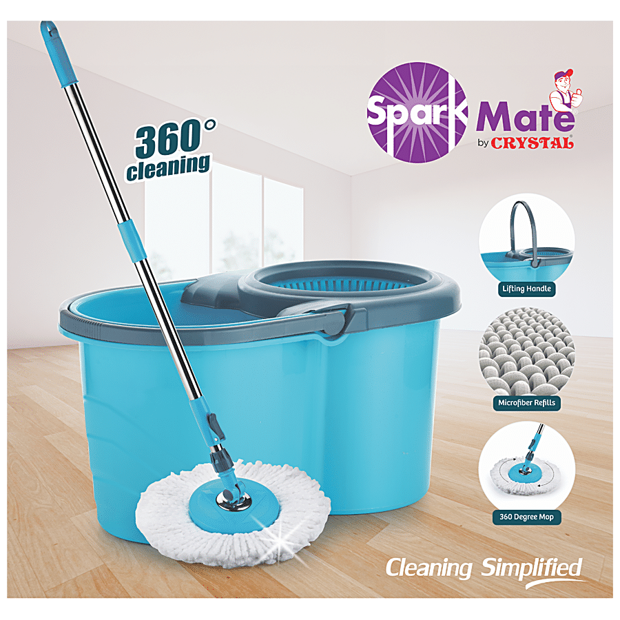 Buy Sparkmate By Crystal King Spin Mop Bucket, 1 Free Microfber Refill,  360° Cleaning, Height Adjustable Rod Online at Best Price of Rs 1299 -  bigbasket