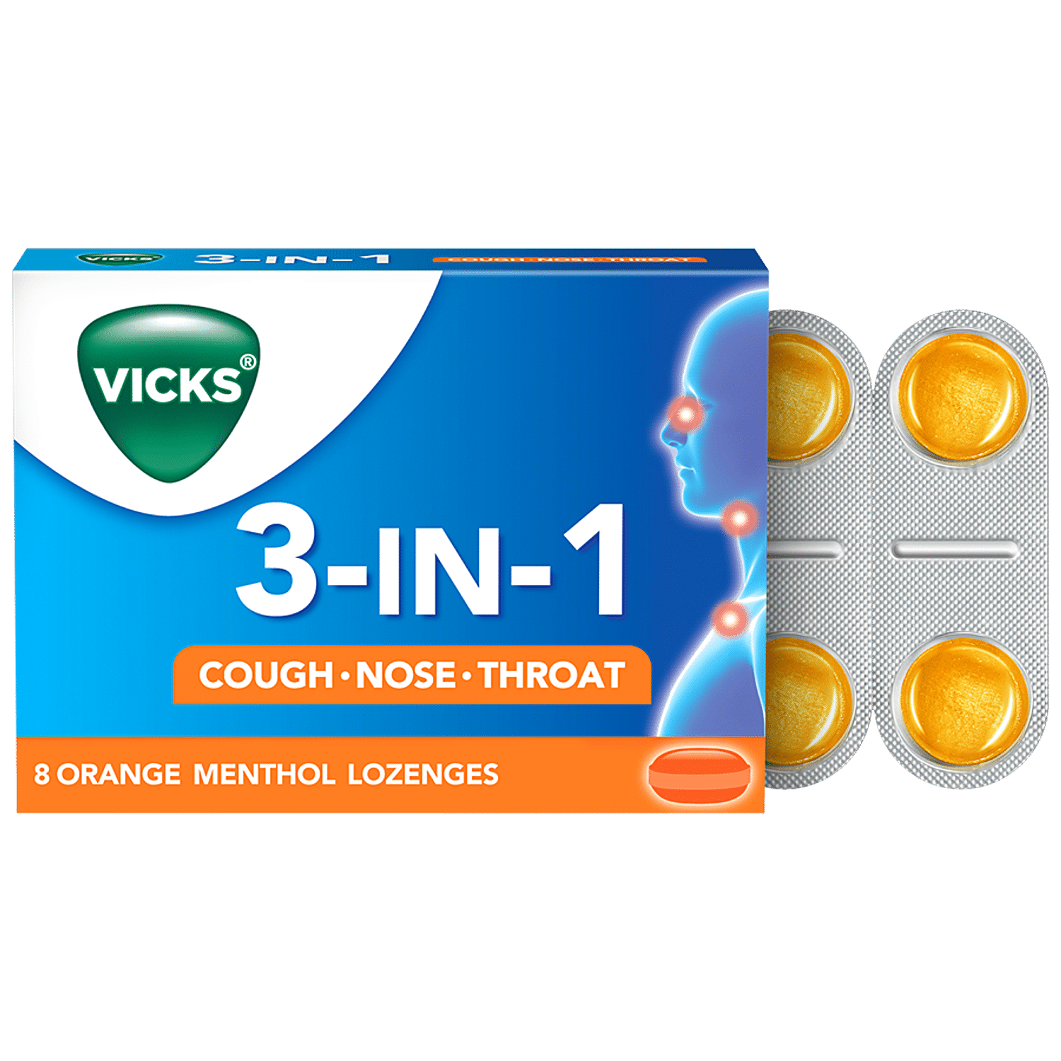 Buy Vicks 3 In 1 Throat Lozenges For Cough - Orange Menthol, 8 pcs