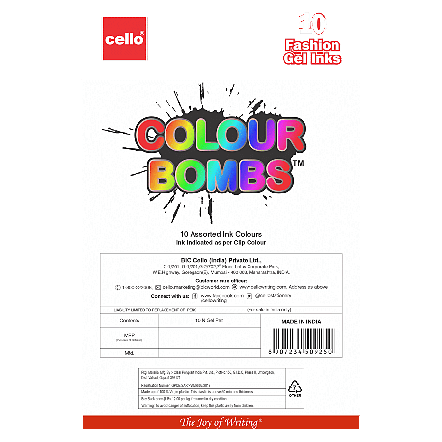 Buy CelloColour Bombs Coloured Ink Gel Pens, Pack of 10