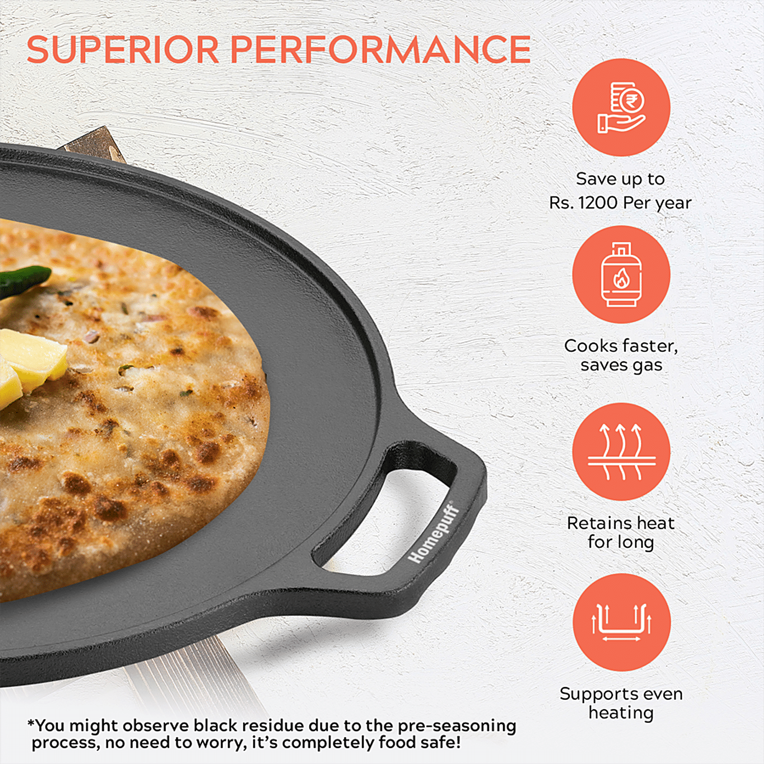 Home Puff Pre-Seasoned Super Smooth Cast Iron Tawa for Dosa/Roti, Naturally  Non-Stick Loha