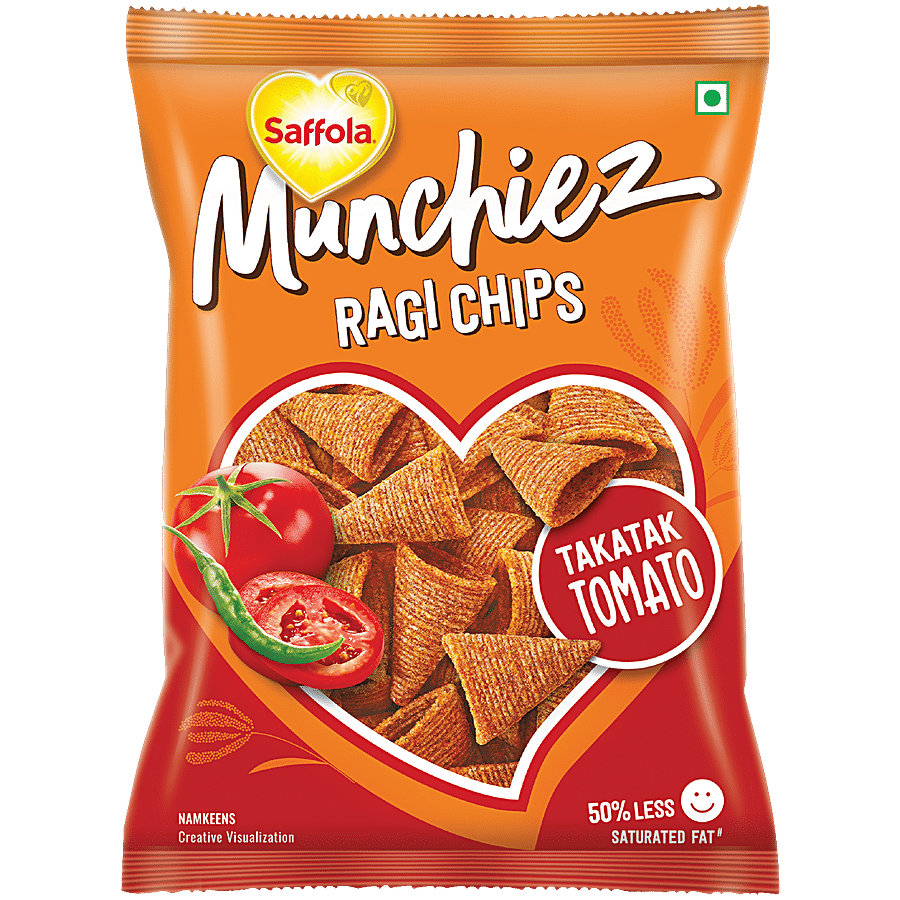 Saffola Munchiez Ragi Chips - Takatak Tomato, Cone Shaped, High In Calcium,  45 g