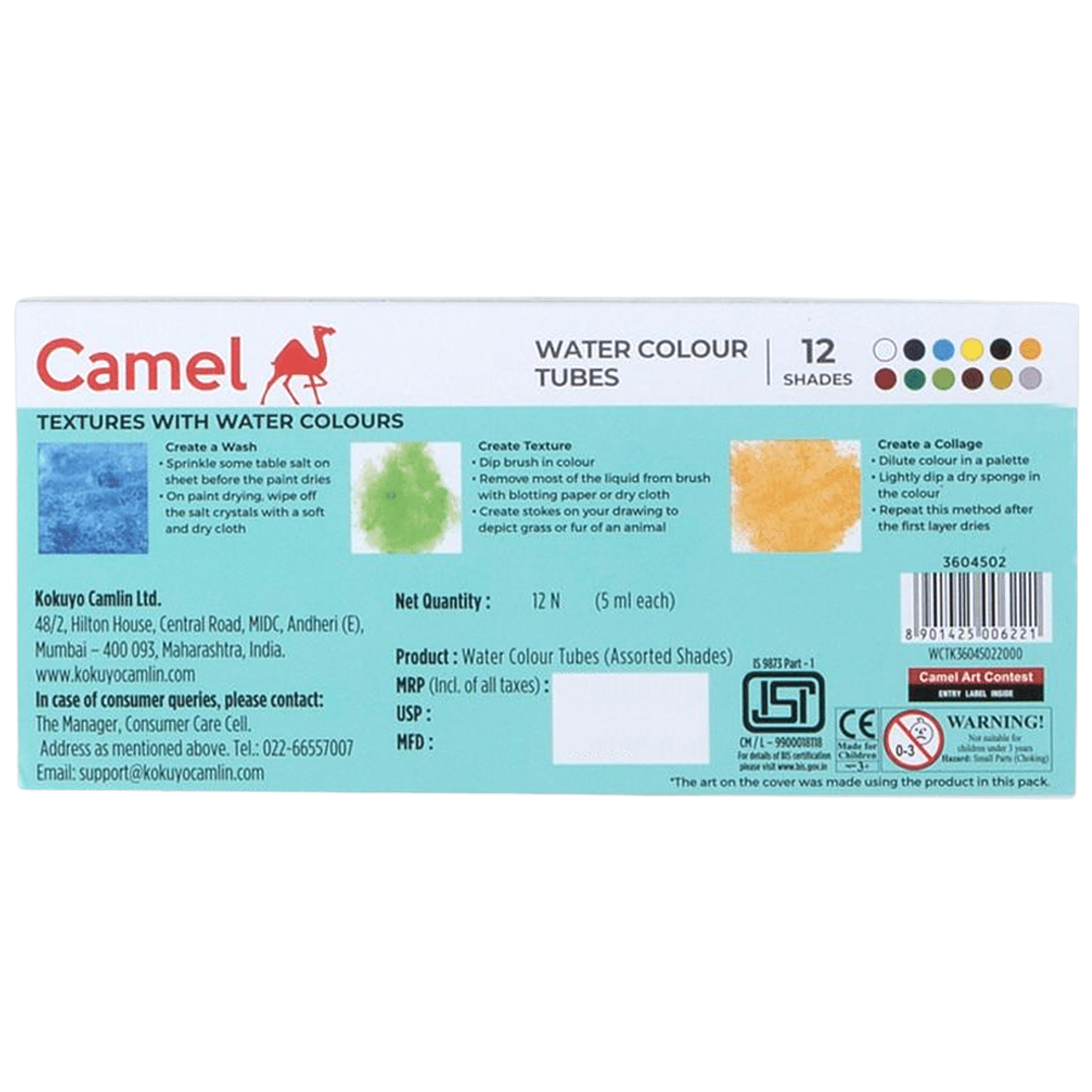 Camel Student Water Color Tube - 5Ml Each, 12 Shades