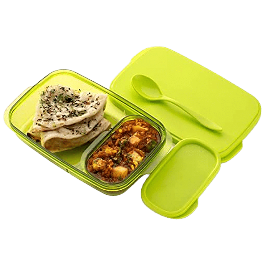 YouBee Lunch/Tiffin Box, Plastic For School, Office With Spoon & Side  Container, For Adults & Kids - Green, 3 pcs