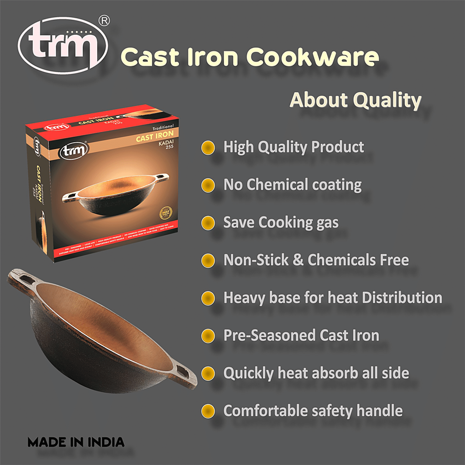 Buy Trm Pure Iron Kadai - Flat Bottom, 25 cm, with Handle Online