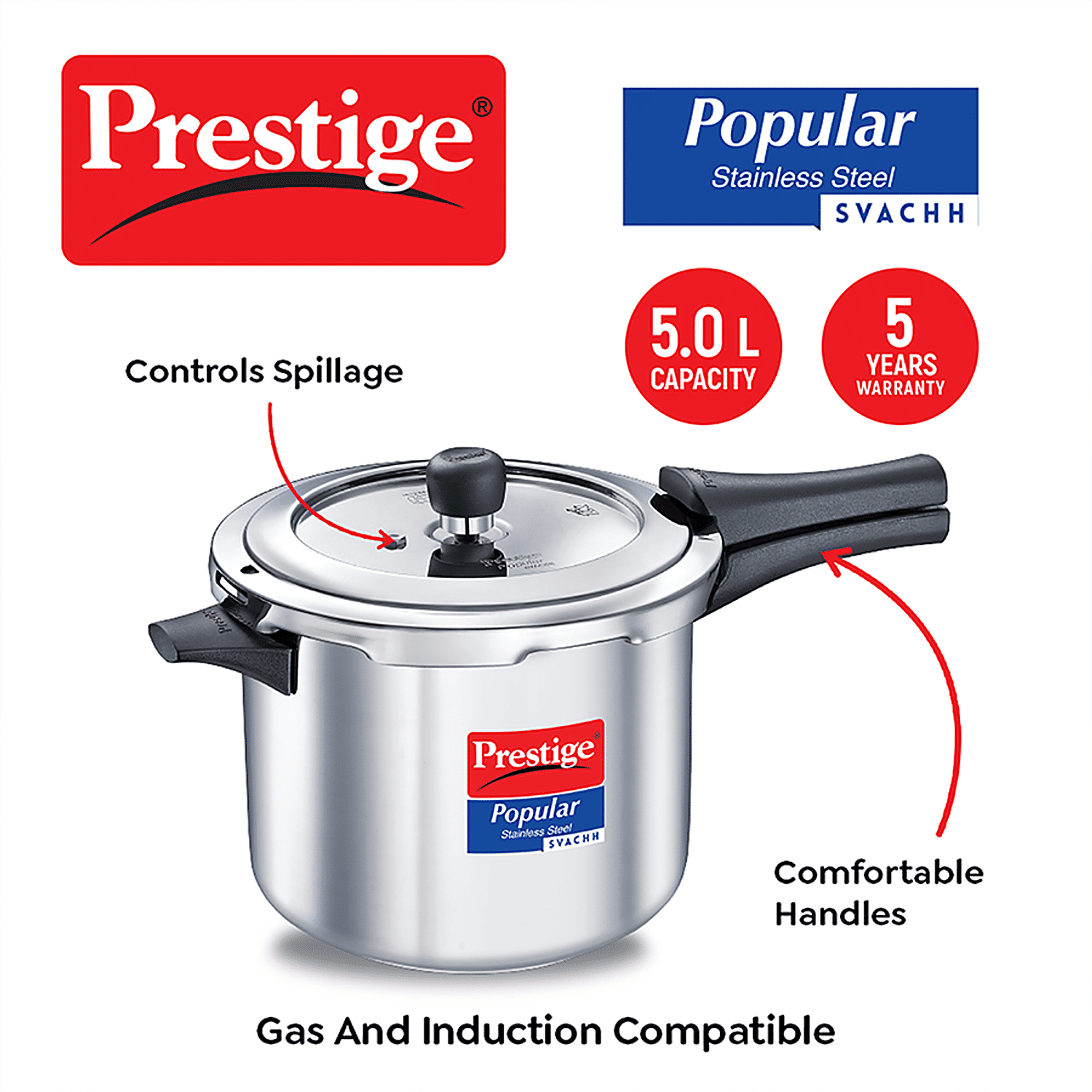 Prestige Popular Stainless Steel 5L Pressure Cooker