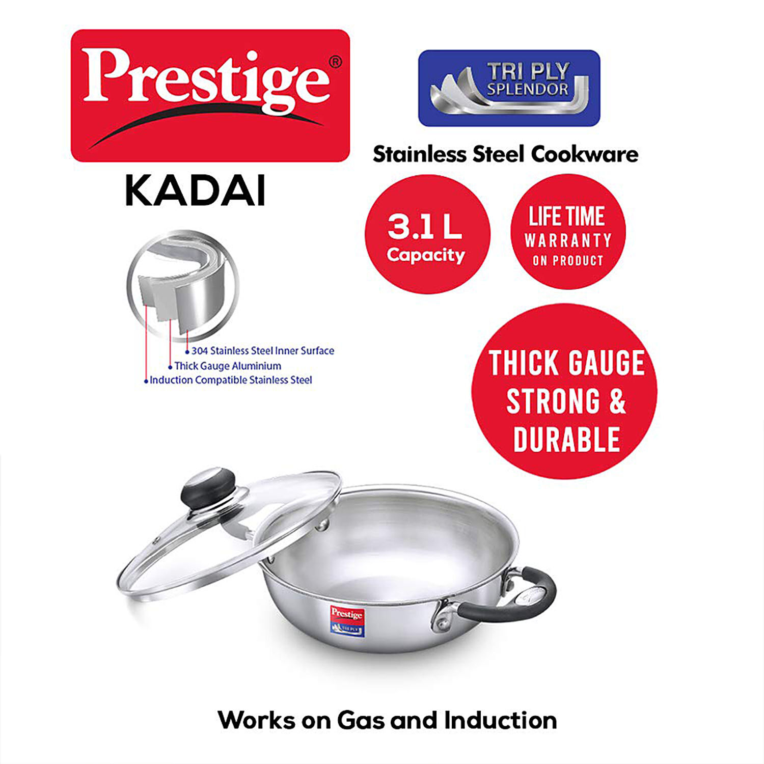 Buy Kitchen Essentials Tri Ply Stainless Steel Kadai - 3 Layer, With  Induction Base & Lid, 24 cm Online at Best Price of Rs 2199 - bigbasket