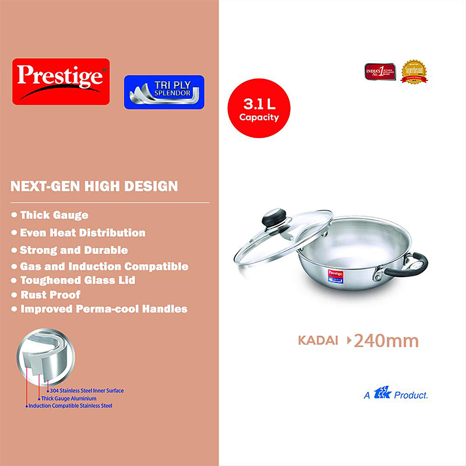 Buy Kitchen Essentials Tri Ply Stainless Steel Kadai - 3 Layer, With  Induction Base & Lid, 24 cm Online at Best Price of Rs 2199 - bigbasket