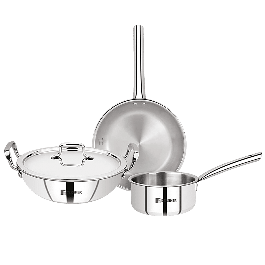 Bergner Stainless Steel Tri Ply Cookware Set Review (Saucepans, Frying Pan,  Kadai, Tope Lid) 