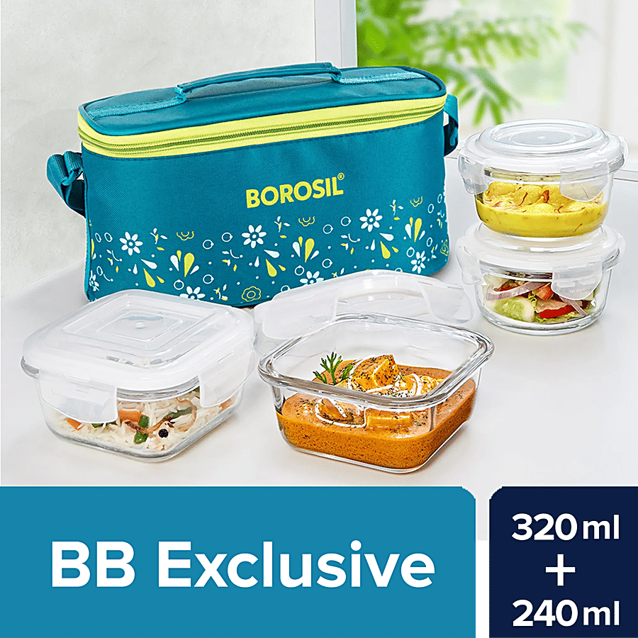 Glass Lunch Box Set of 4 320 ML Square 240 Ml Round Microwave Safe