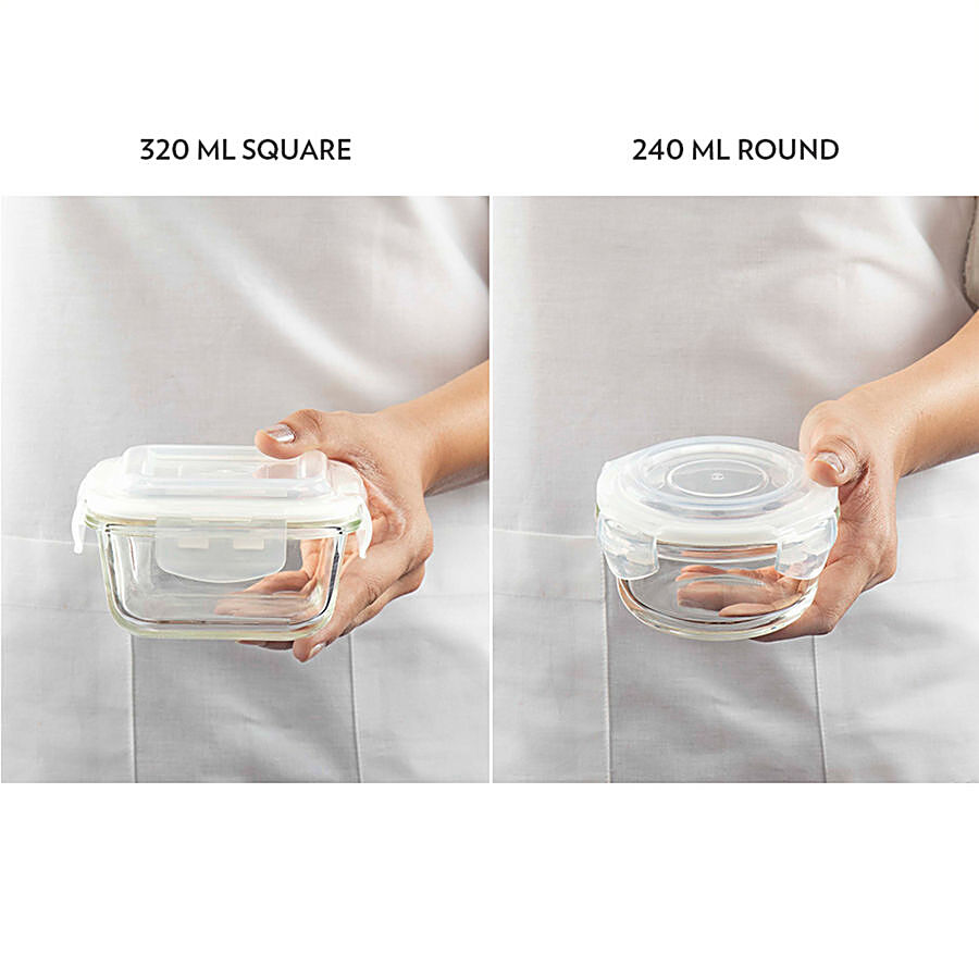 Glass Lunch Box Set of 4 320 ML Square 240 Ml Round Microwave Safe
