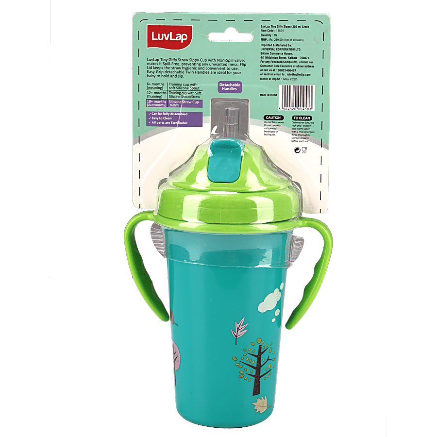 Luvlap Giffy Sipper for Infant/Toddler 300ML, Anti-Spill Sippy Cup, 18M+  (Green)