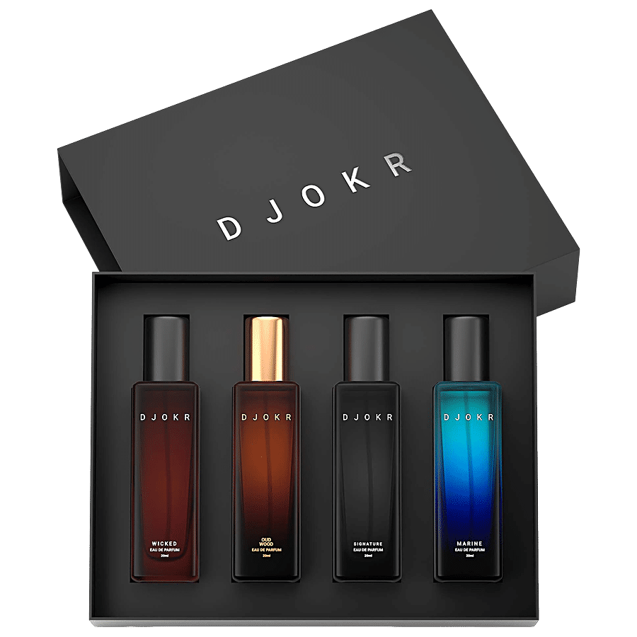 DJOKR Eau De Parfum - For Men, Signature, On The Rocks, Oud Wood, Marine, Gift Set 20 ml (Pack of 4)